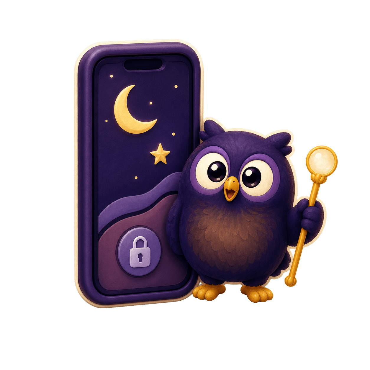 Illustration of a playful bedtime companion appearing on a phone lock screen