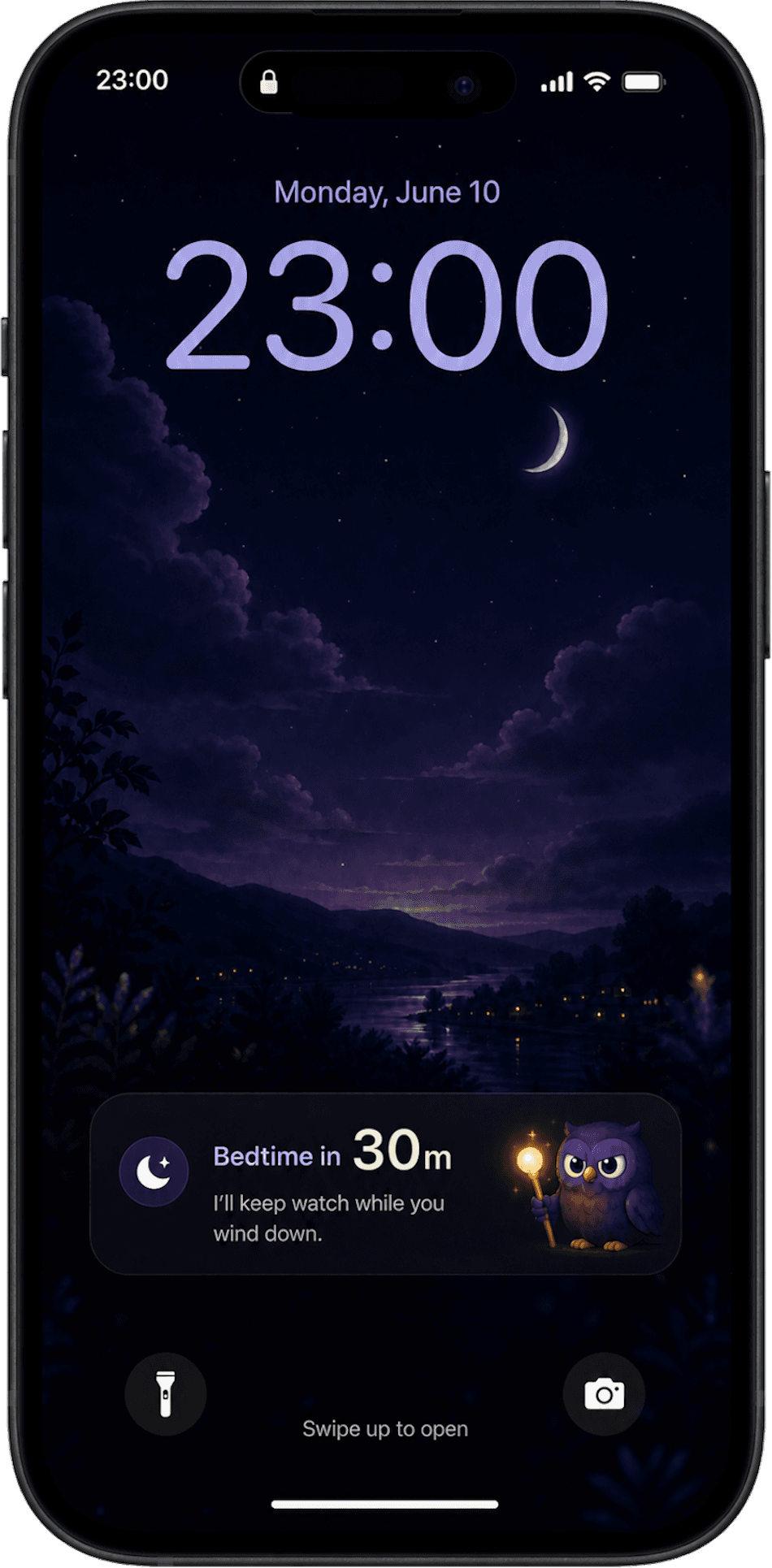iPhone Lock Screen mockup showing an OffPal Live Activity reminder with a 30-minute bedtime countdown.