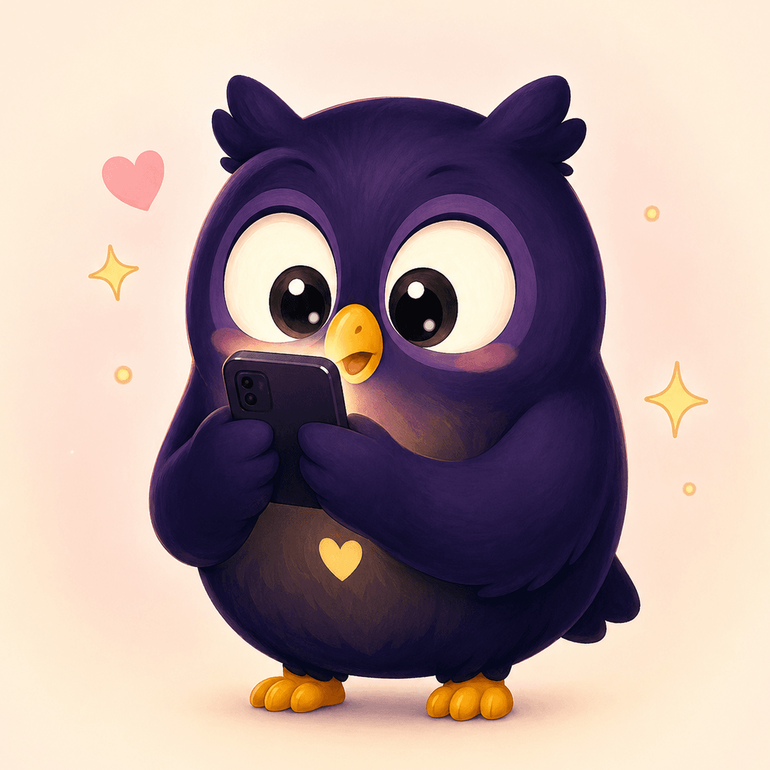 OffPal bird holding a phone during a late-night scroll